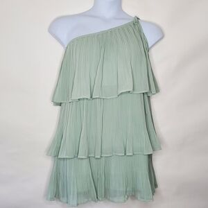 Lulus Blowing Kisses Pleated One Shoulder Mini Dress XL Tiered Sage Green NEW